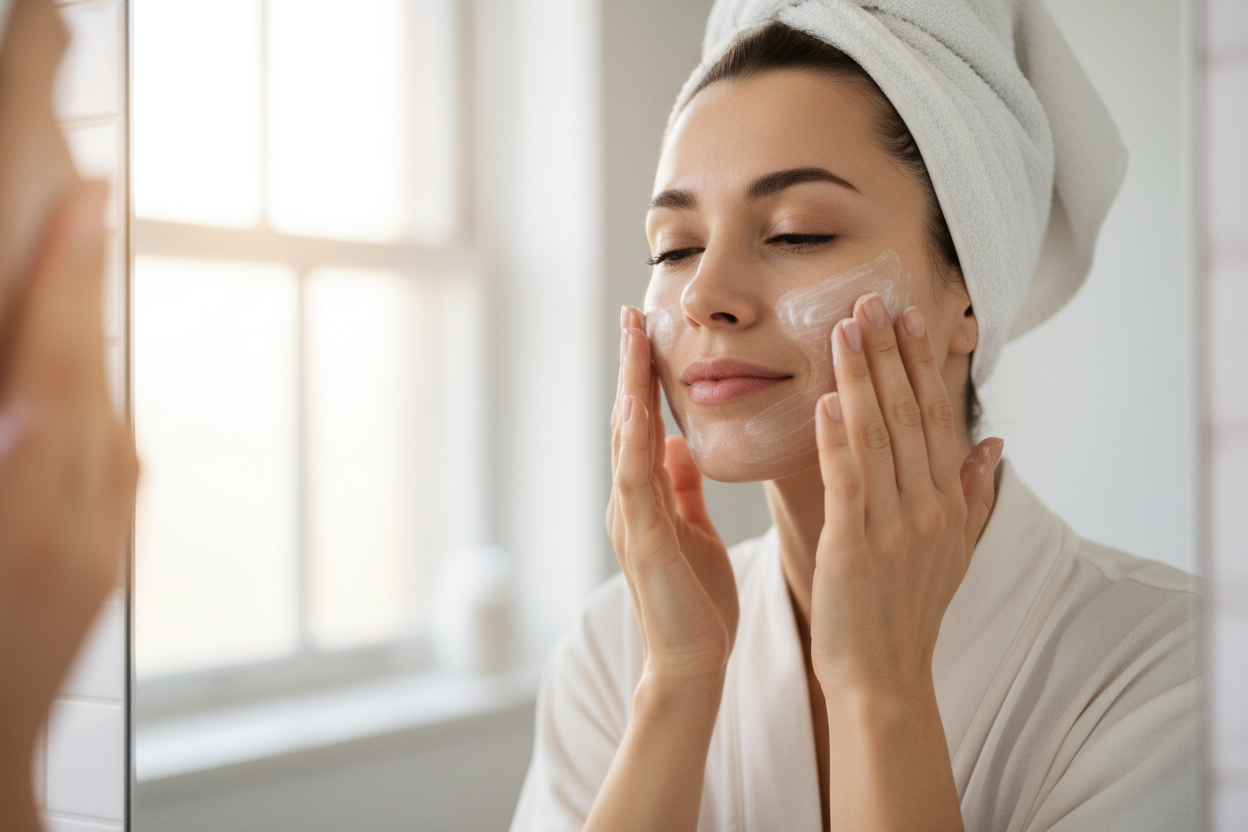An image of a women looking in the mirror applying skin lotion to her face. Don't show the actual bottle